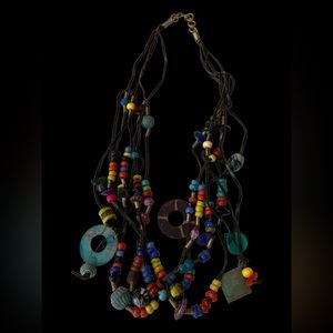 Multi Color Beaded 3 strand Black Leather Necklace